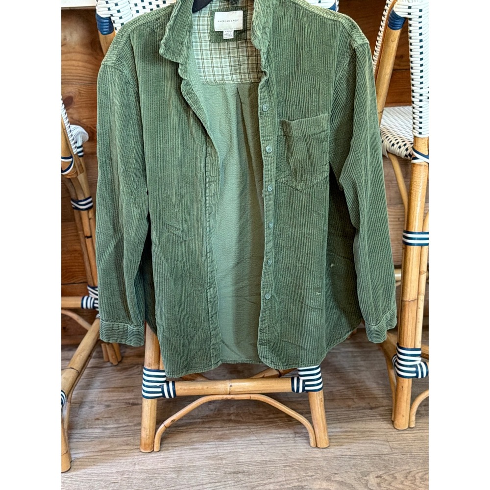 American Eagle Womens Olive Green Corduroy Button Down Shirt Small Plaid Lined